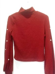 Chic Red Pearl Embellished Sweater