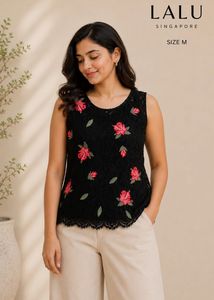 Black Lace Embroidered Rose Top
