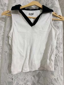 Pantaloons White Ribbed Collared Sleeveless Top