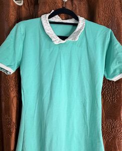 Teal one piece dress with Polka Dot Collar