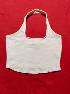 ASOS Design White Ribbed Halter Crop Top