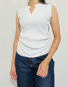 White Sleeveless V-Neck Ribbed Top