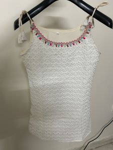 White Embroidered Kurti Blouse with Tassel Detail