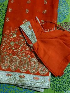Gorgeous Orange Embroidered Saree With Blouse