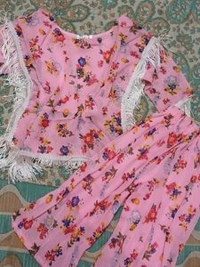 Pink Floral  Set with Fringe Detail