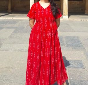 Elegant Red Ikat Print knee length Dress