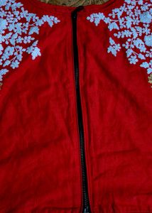 Red Embroidered Zipper Crop Top