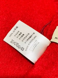 BURBERRY Solid Red Cashmere Cursive Logo Fringe