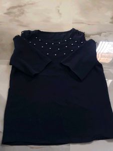 Navy Cold Shoulder Top with Pearl Detail