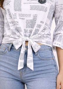 Newspaper Print Tie-Front Bell Sleeve Top