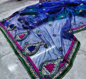 Elegant Navy Blue Saree with Pink Motifs