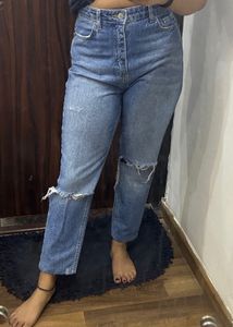 Women Mid Rise Blue Distressed Jeans