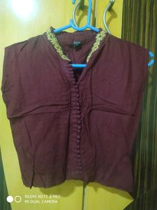 Maroon Embroidered Button-Down Top