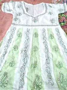 White & Green Embroidered Dress