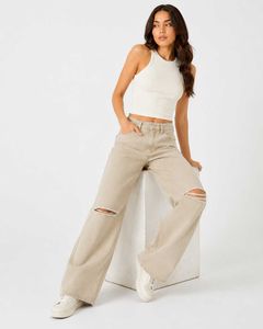 Trendy Beige Wide Leg Jeans with Rips