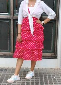 Red Polka Dot Tiered Dress with White Shirt