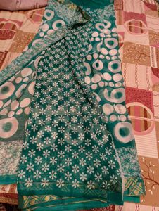 Teal Saree with White Abstract Print