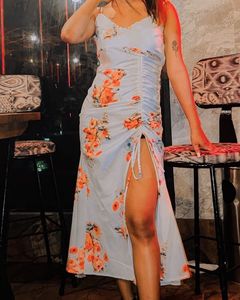 Floral Ruched Midi Dress with Slit