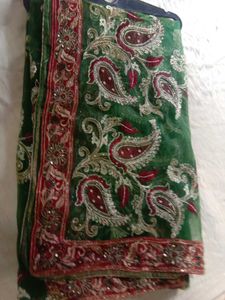 Green &amp; Red Embroidered Saree