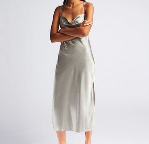 Silver Satin Cowl Neck Slip Dress