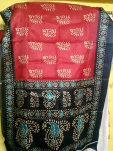 Red Saree with Ethnic Block Print