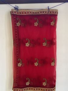 Red Embroidered Net Dupatta