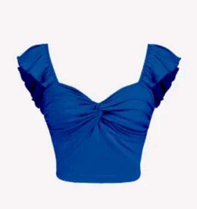 Blue Ribbed Twist Front Crop Top