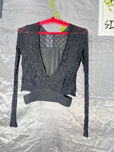ZARA Black Lace V-Neck Long Sleeve Crop Top