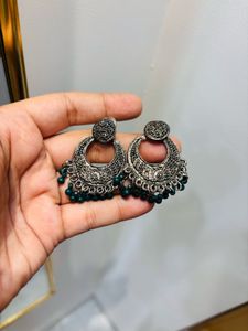 Oxidized Silver Jhumka Earrings with Green Beads