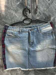 Denim Skirt with Plaid Side Detail