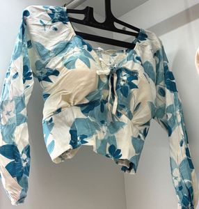 Blue Bloom Tie-Front Crop Top