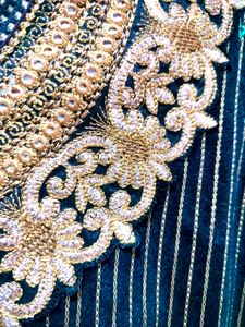 Teal Anarkali Dress, Black Border, Gold Embroidery