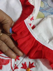 Embroidered White &amp; Red Kurti