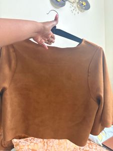 Brown Suede Bell Sleeve Crop Top