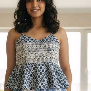 Patterned Blue and White Tank Top