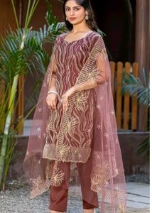 Unstitched Material Embroidered Kurta Set with Dup