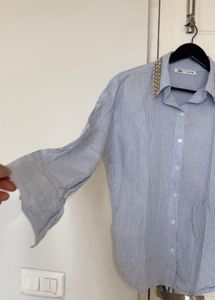Blue Striped Shirt with Embellished Collar