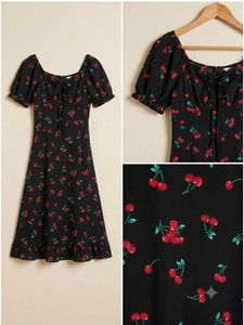 Cute Cherry Print Puff Sleeve Dress
