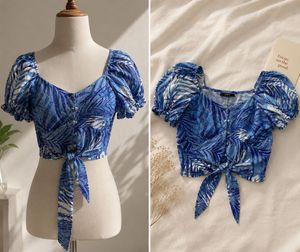 Zara Blue Leaf Print Tie-Front Crop Top