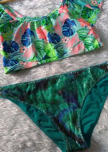 Frill Cropped Top Like Bralette With Sequins Panty