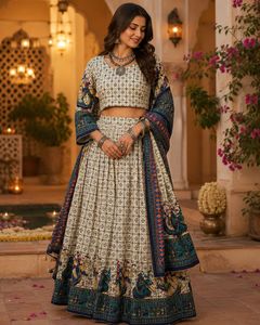 Ethnic White Printed Lehenga Choli Set