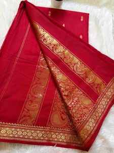 Vibrant Red Saree with Gold Motifs