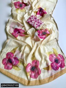 Elegant Cream Saree with Pink Floral Print
