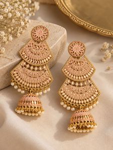 Elegant Pink &amp; Gold Jhumka Earrings