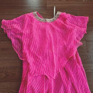 Vibrant leheriya pink dress with Embellished Neckl
