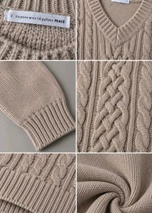 BEIGE CABLE KNIT V-NECK SWEATER