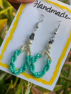 Handmade Sky blue &amp; white Beaded Dangle Earrings