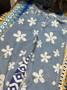 Blue Floral Wide Leg Jeans