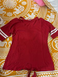 Red Casual T-Shirt with Striped Sleeves