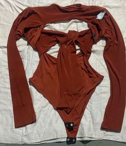 Rust Cutout Tie Front and Backless Bodysuit